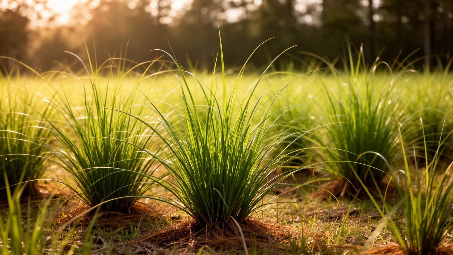 Vetiver grass clumps at golden hour on a Georgia farm