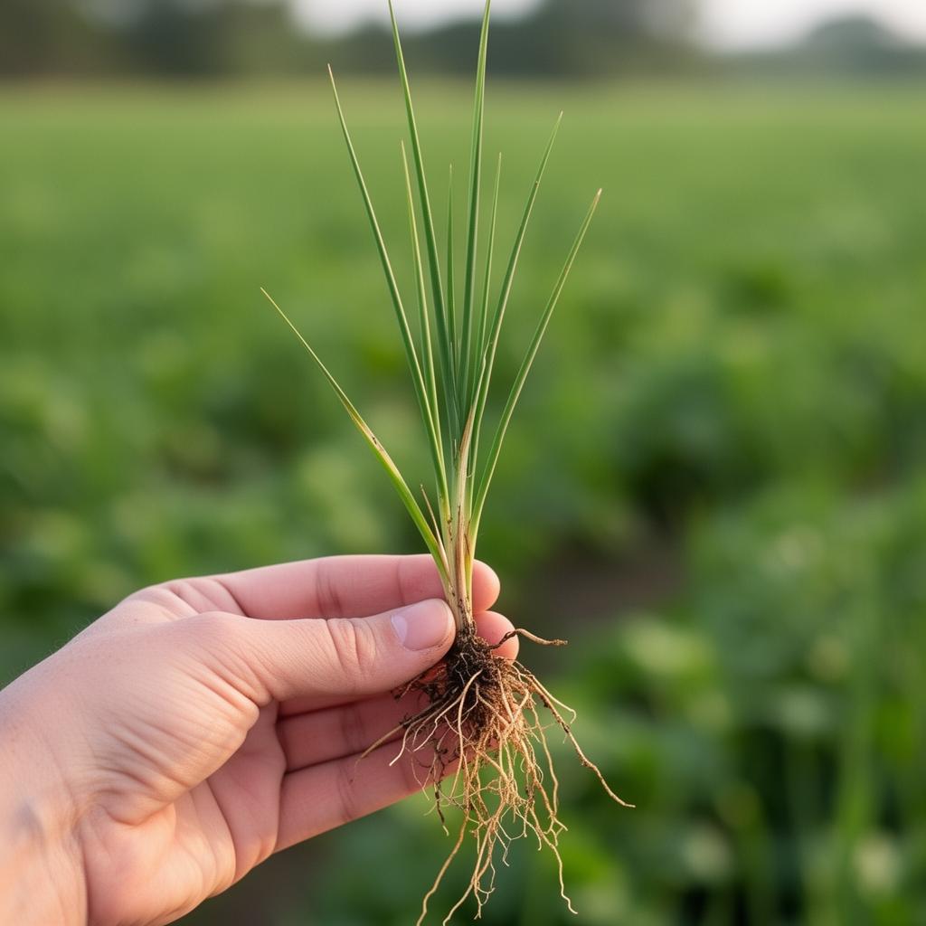 A single vetiver slip held up in the field